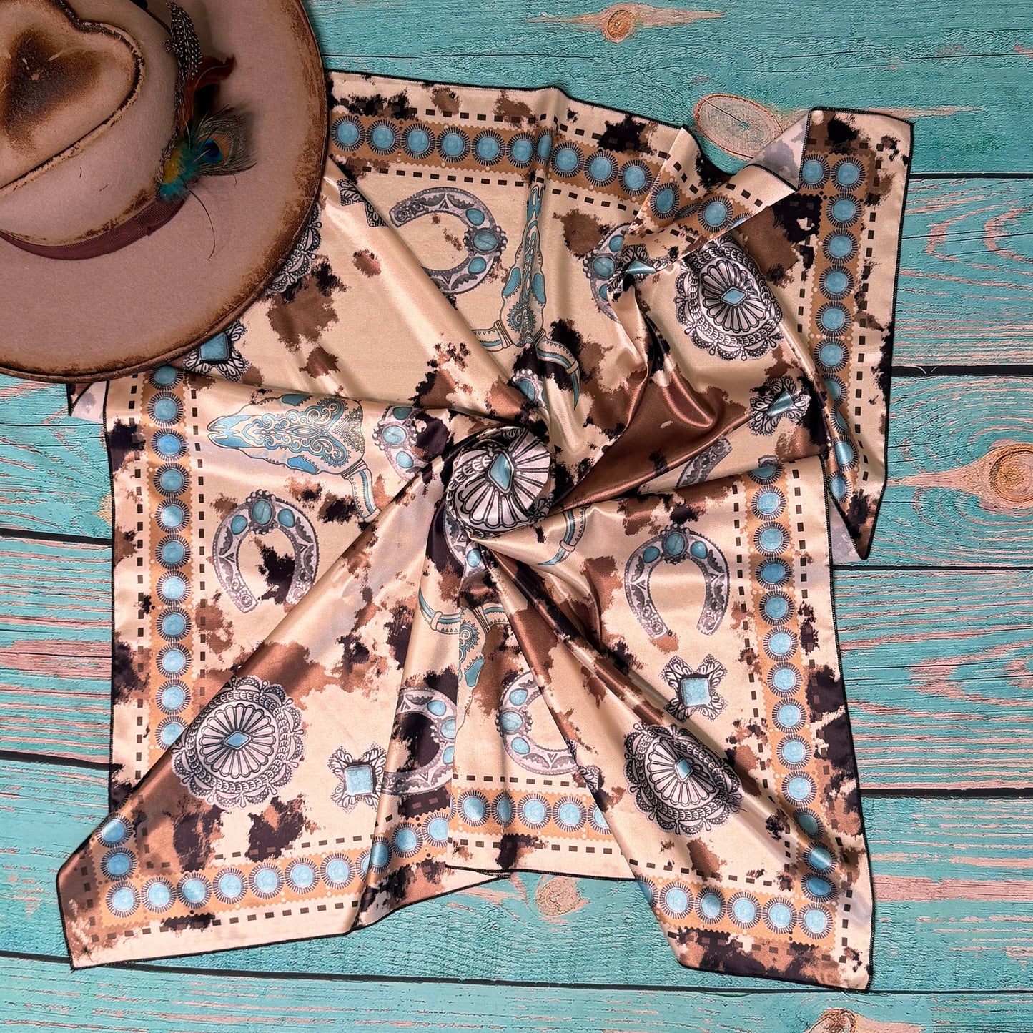 COW PRINT SILK SCARF 36X36 - Khaki/Brown