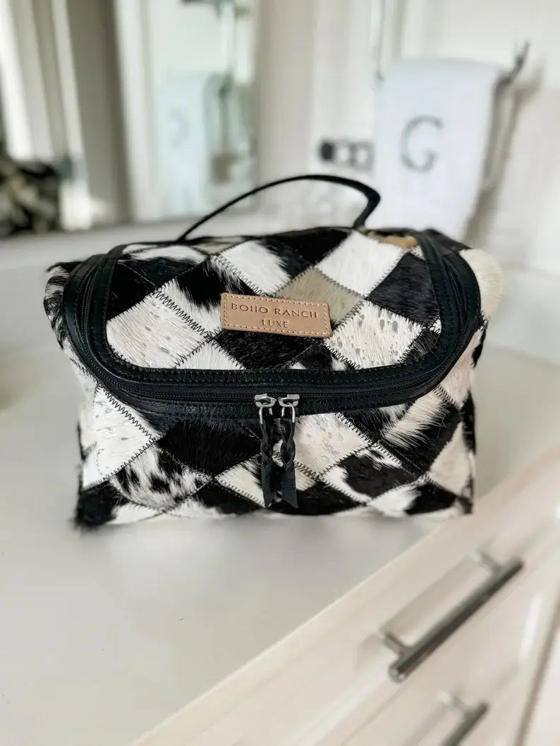 Boho Ranch Shop - BOHO LUXE TOILETRY bag Genuine Hair On travel storage  - Tan Leather