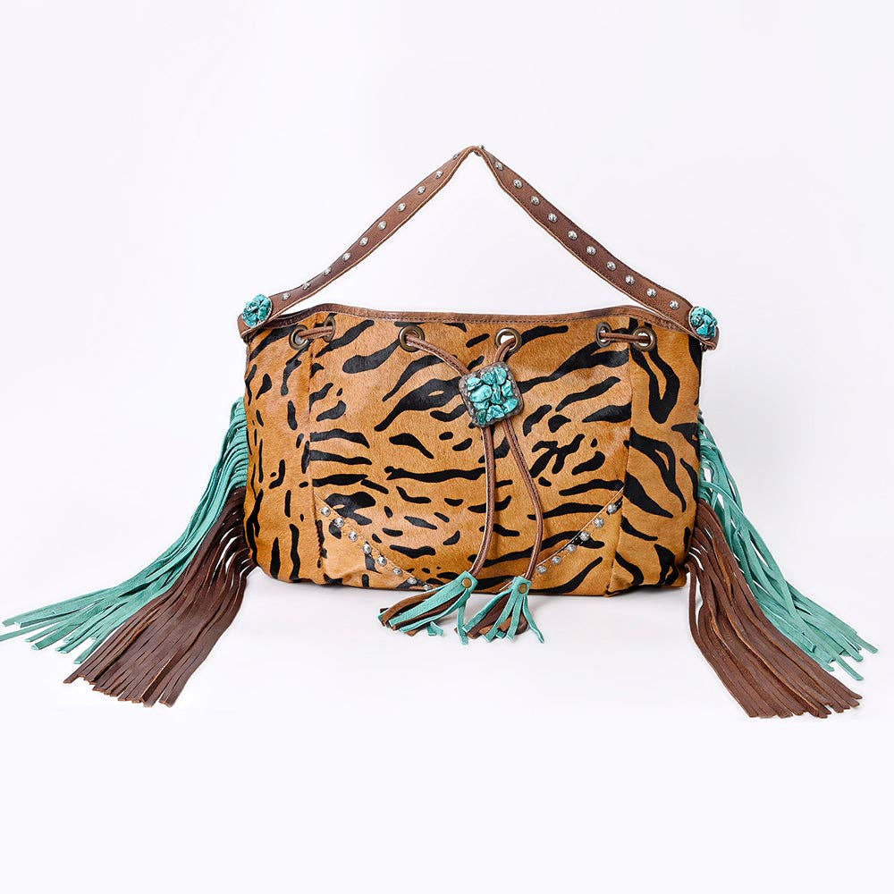 LS Western - ADBG989 American Darling Hair-On Cowhide Western Leather Hobo Bag with Fringes - ADBG989C