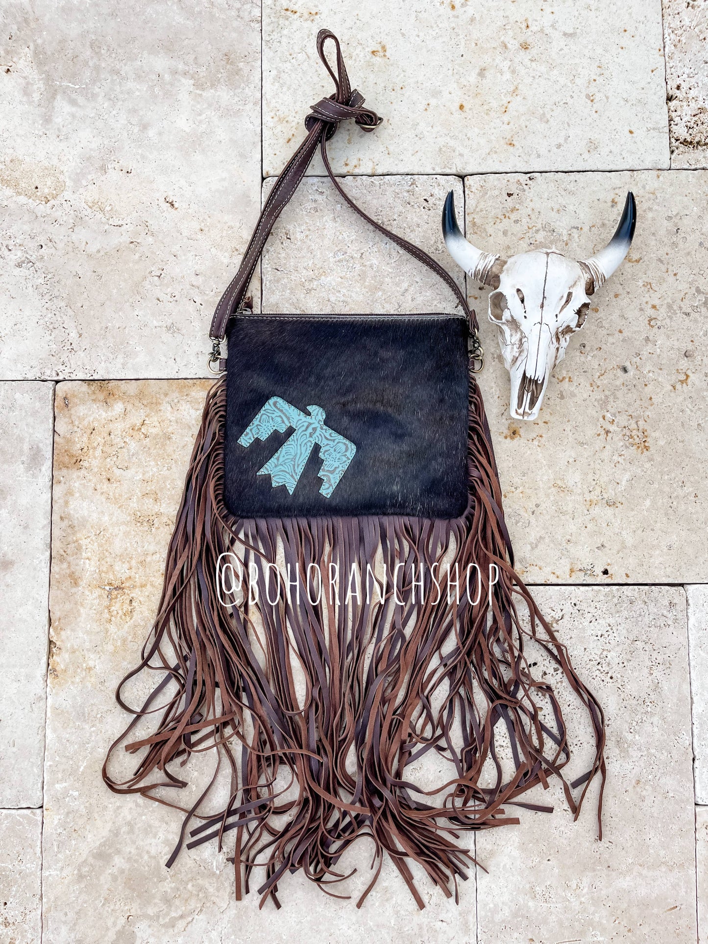 Boho Ranch Shop - THUNDERBIRD COWHIDE CROSSBODY tooled Leather Cowhide Clutch - TAN COWHIDE