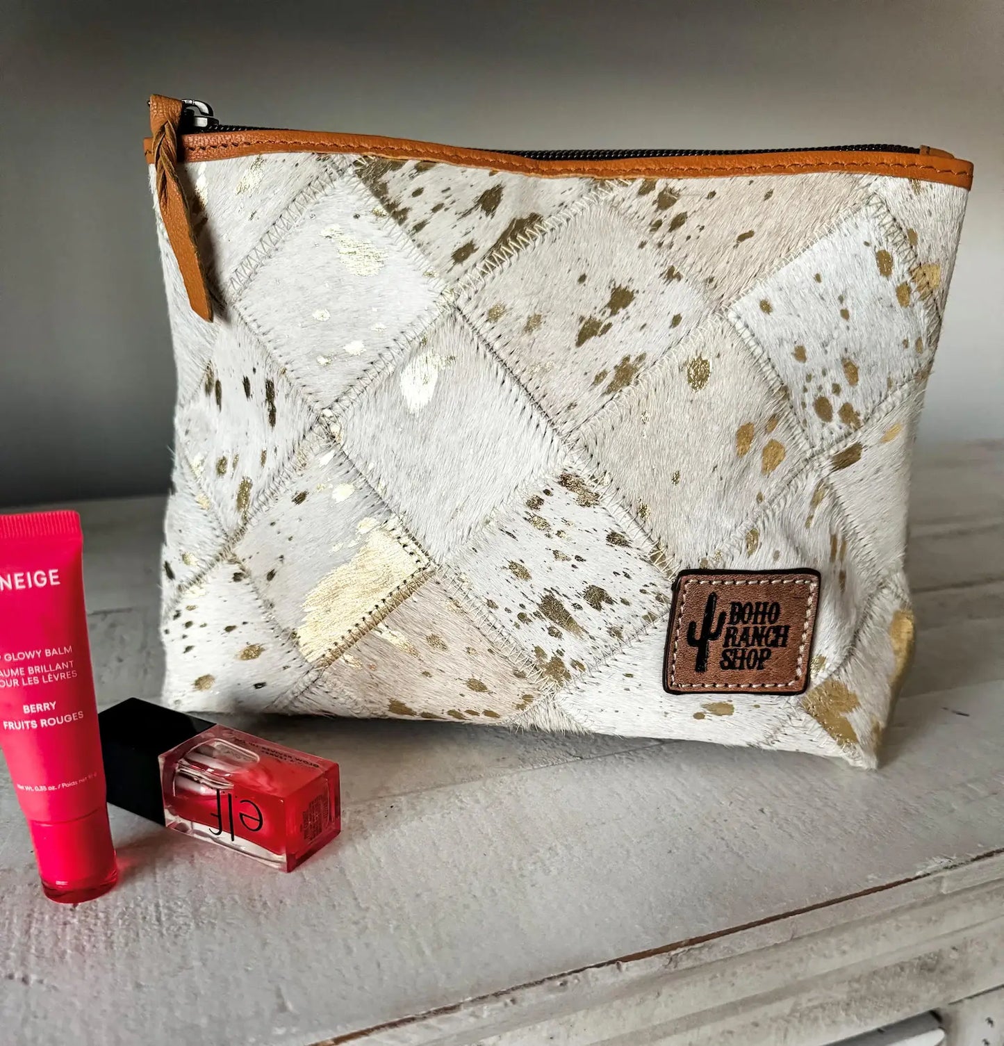 Boho Ranch Shop - Checkered Western Cowhide Makeup Bag Travel - BROWN + TURQUOISE