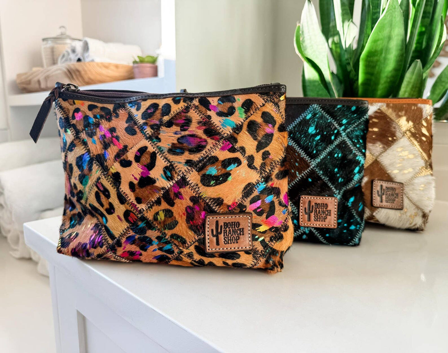 Boho Ranch Shop - Checkered Western Cowhide Makeup Bag Travel - LEOPARD + RAINBOW