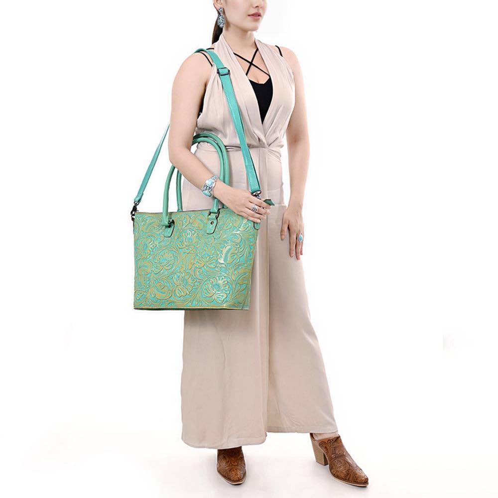 LS Western - ADBG1519 American Darling Western Genuine Leather Tote Bag with Hand-Tooled Detailing | Premium Everyday Carry - ADBG1519B