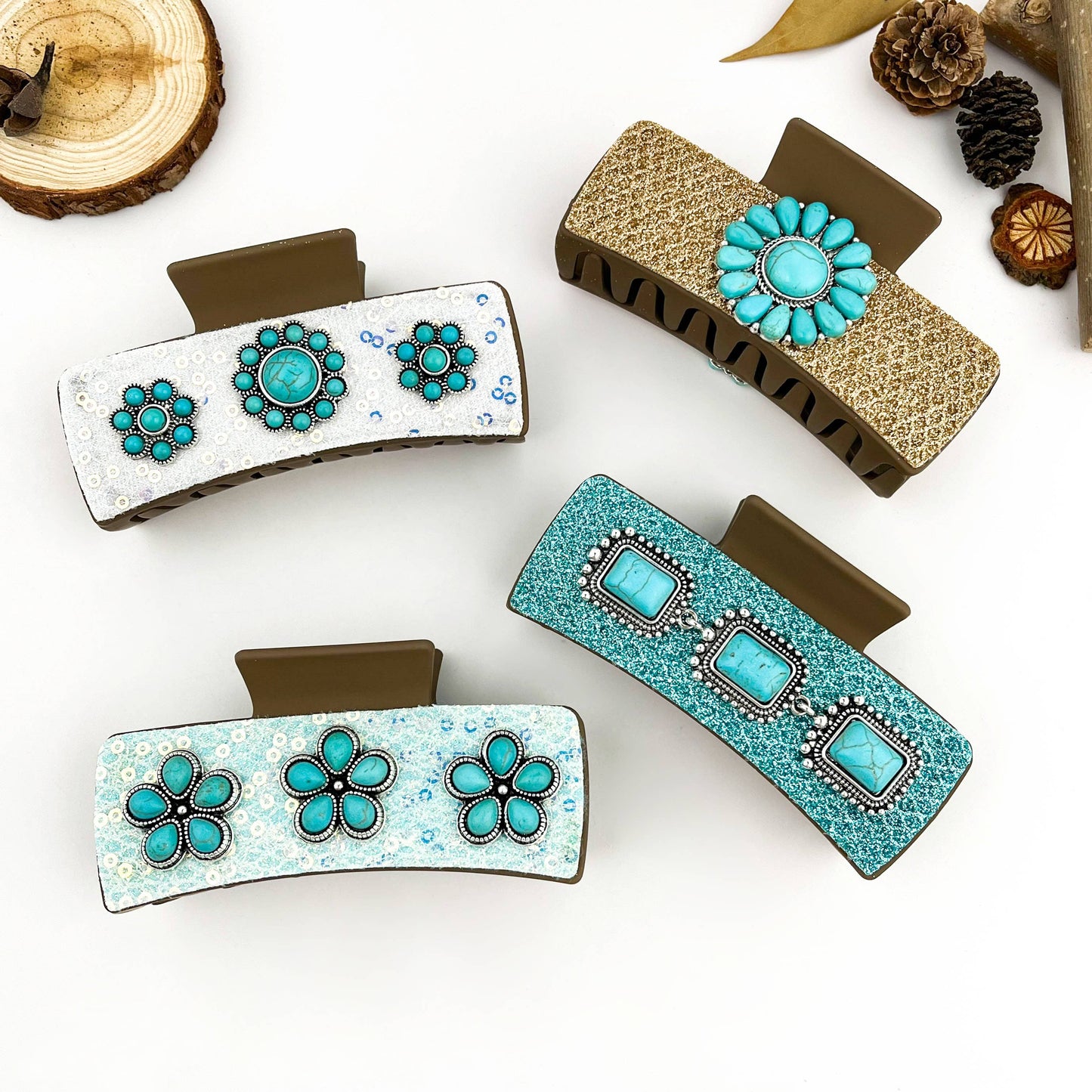 Boho Turquoise Floral PU Rectangle Hair Claw Clip - B