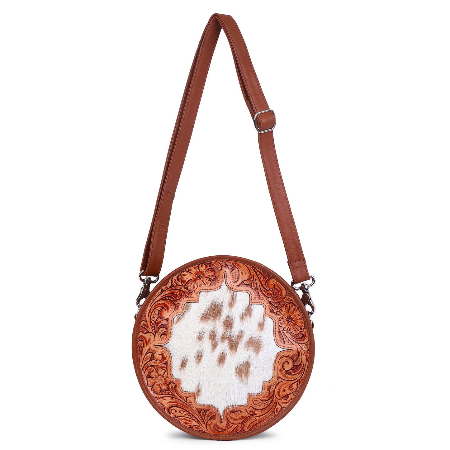 Leather Cowhide Western Hand Tooled Women's Round Crossbody - Free Bird Hand Tooled with Tan White Cowhide Inlay.