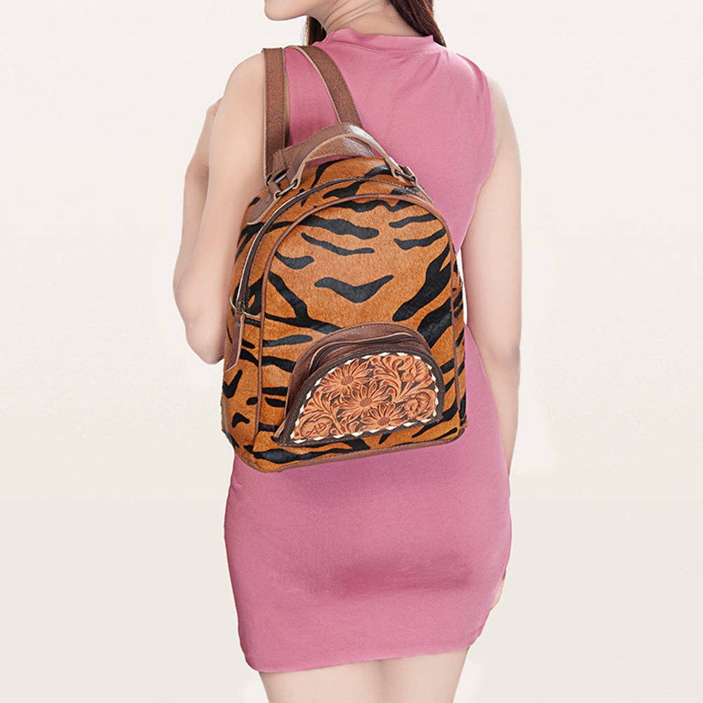 LS Western - ADBGS156 Printed Cowhide Leather Backpack with Tooled Floral Pocket - Western Wild Style - ADBGS156AF