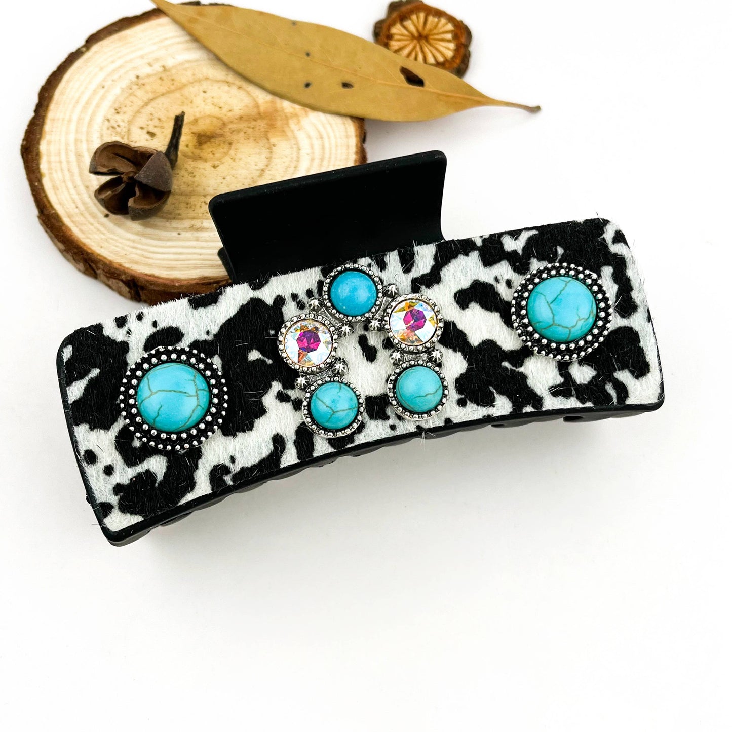 mildstyles - Western Cowboy Turquoise Cow Print Rhinestone Hair Claw Clip - A