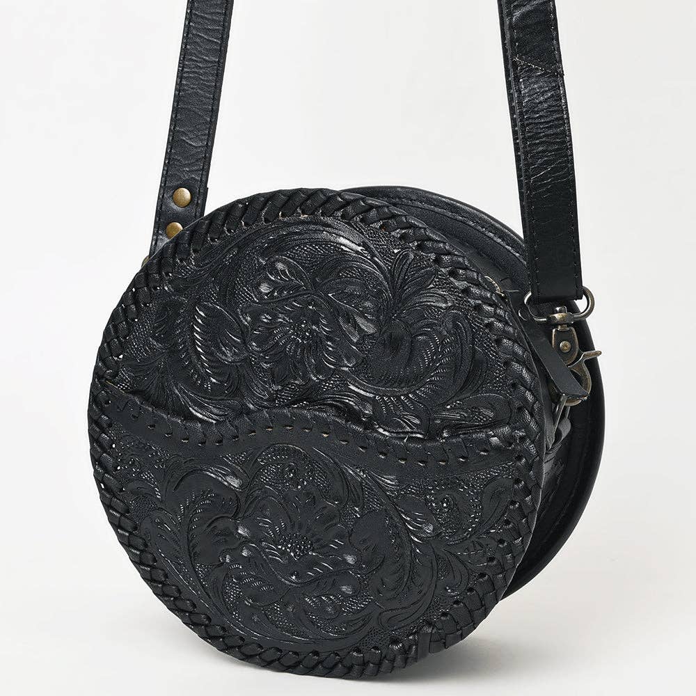 LS Western - ADBG1461 American Darling Western Leather Canteen Bag with Hand-Tooled Floral Detailing | Genuine Leather Crossbody - ADBG1461A