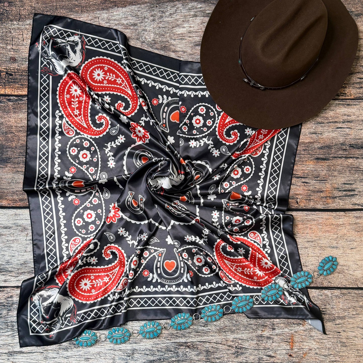 BANDANA HORSE PRINT SILK SCARF 36X36 - Black/Red