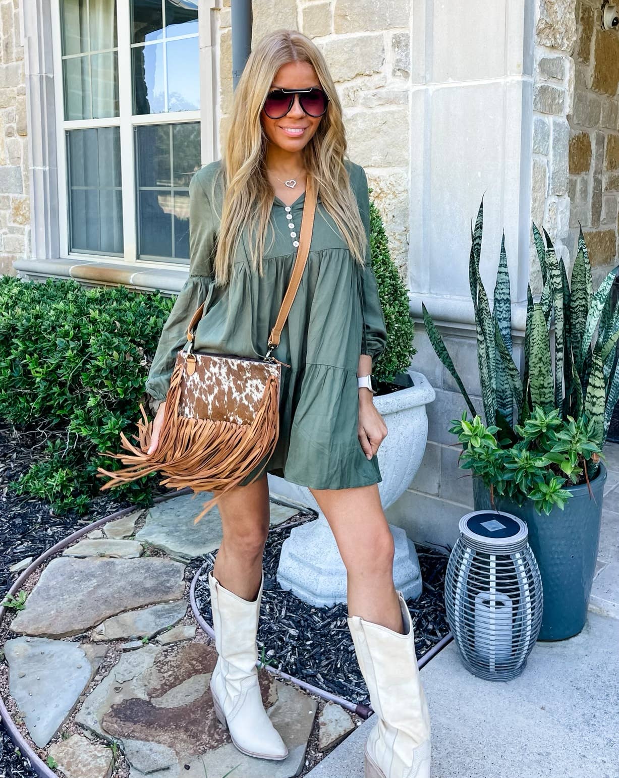 Boho Ranch Shop - THE JESSE CROSSBODY cowhide fringe tassel purse bag - TAN LEATHER