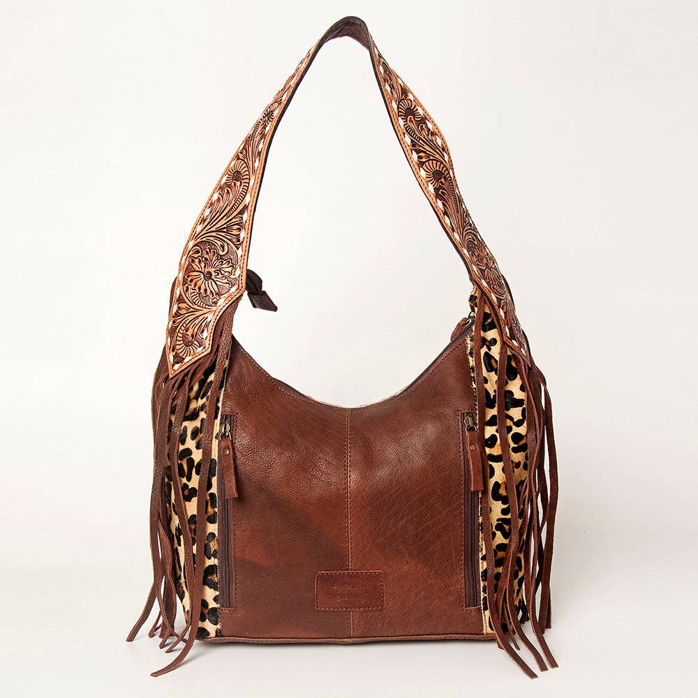 LS Western - ADBGA214 American Darling Cowhide & Tooled Leather Fringe Hobo Shoulder Handbag - ADBGA214C