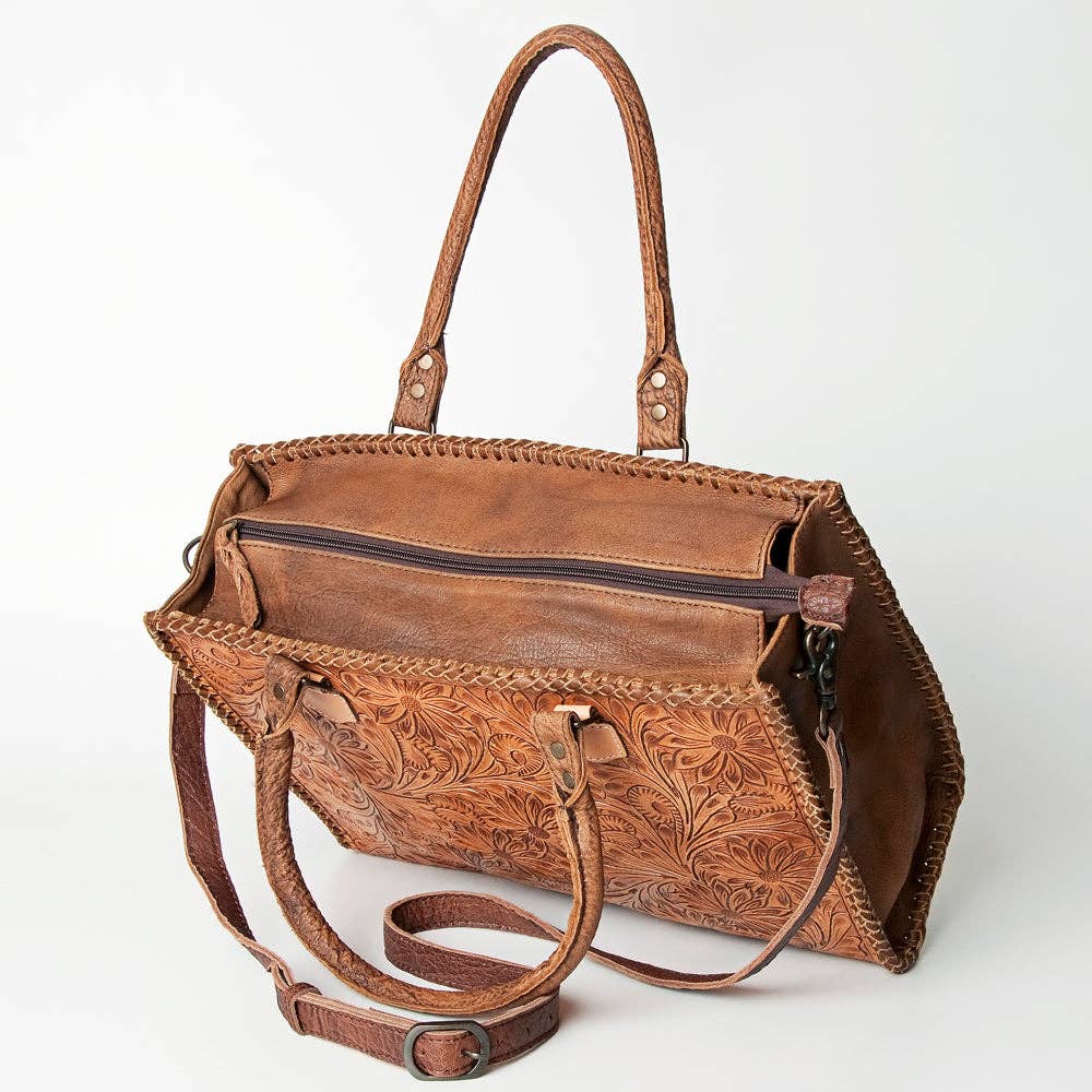 ADBG235 American Darling Western Leather Tote Bag - Hand Tooled Floral Carved Braided Purse - ADBG235J