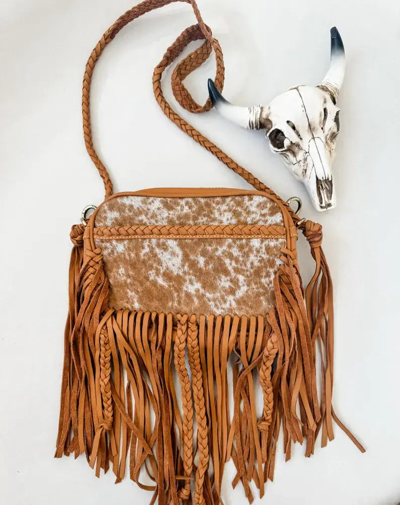 Boho Ranch Shop - THE MEGAN CROSSBODY cowhide Western Tooled Leather purse - BROWN + WHITE COWHIDE