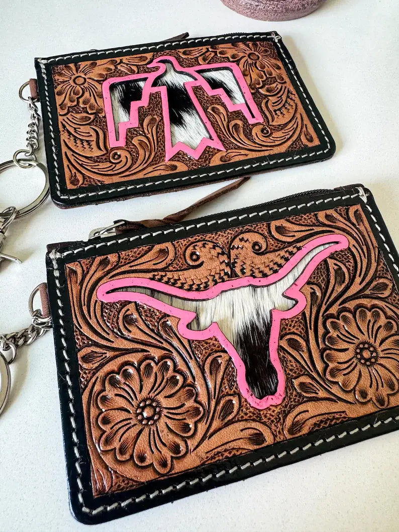 Boho Ranch Shop - Tooled Leather Keychain Wallet Thunderbird Longhorn Bow Hat - THUNDERBIRD