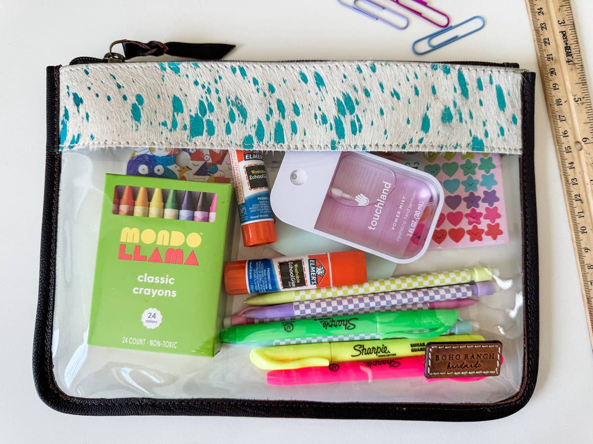 Boho Ranch Shop - Cowhide Clear Toiletry Makeup Bag, organizer Travel Pouch - LEOPARD + RAINBOW