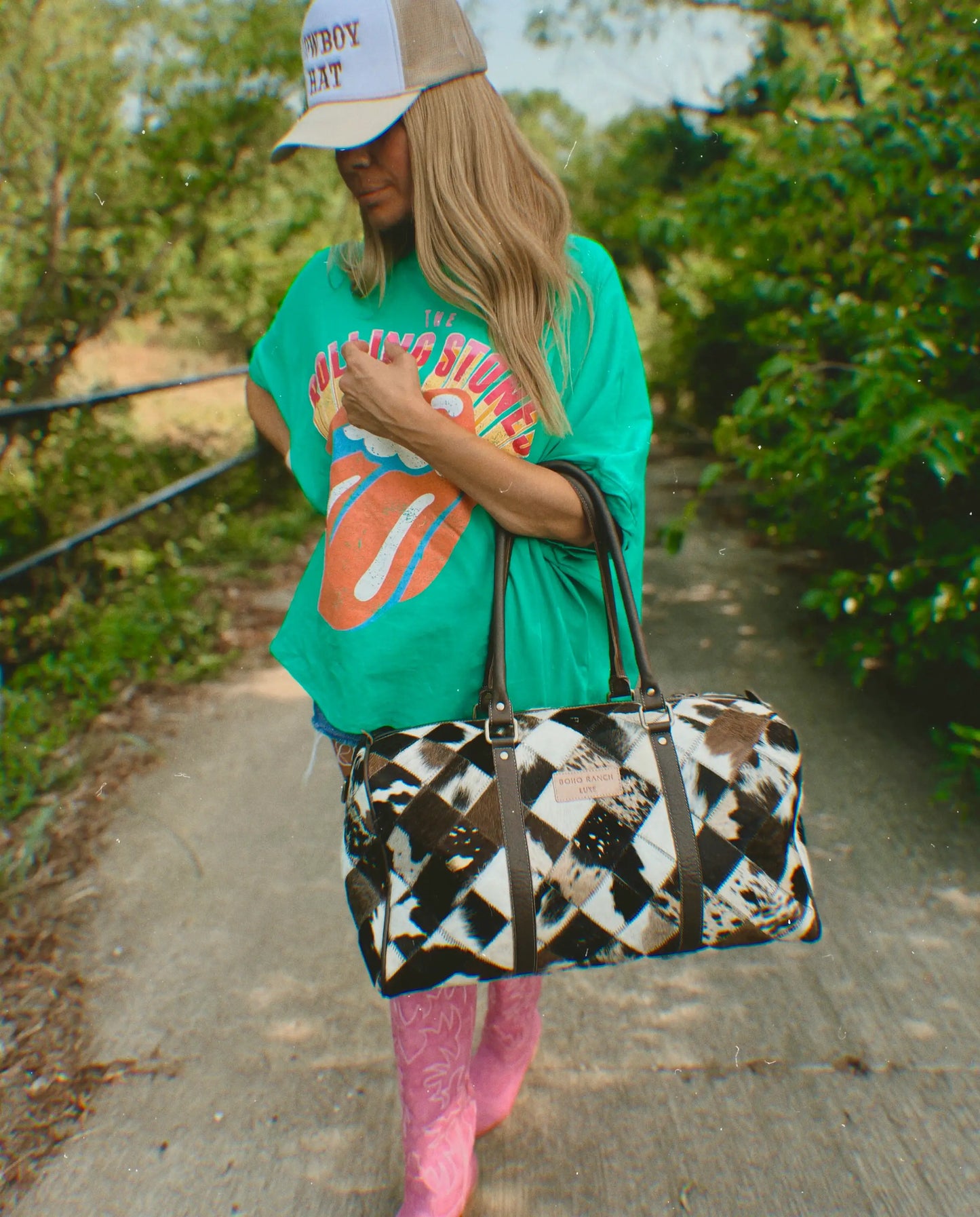 Boho Ranch Shop - BOHO LUXE DUFFLE Weekender Leather HairOn Cowhide Travel Bag - Brown +White Cowhide