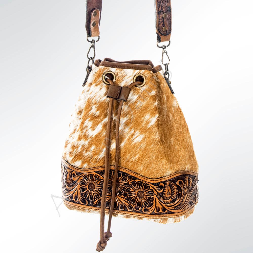 LS Western - ADBG569 American Darling Hand Tooled Floral Leather & Hair-On Cowhide Western Bucket Bag - ADBG569TAW