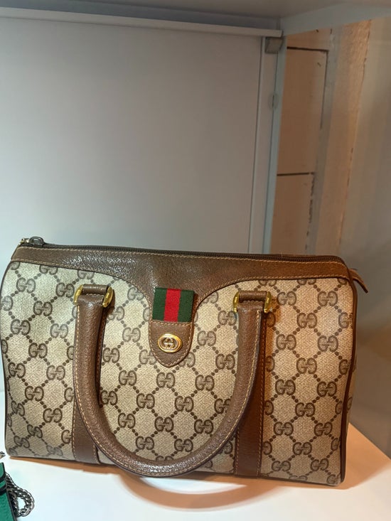 Vintage GUCCI Hand Bag Sherry Line PVC Leather Brown Boston Authentic