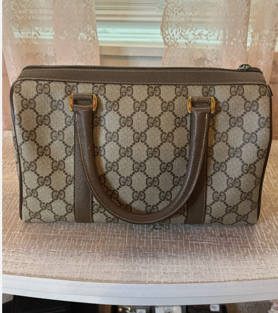 Vintage GUCCI Hand Bag Sherry Line PVC Leather Brown Boston Authentic