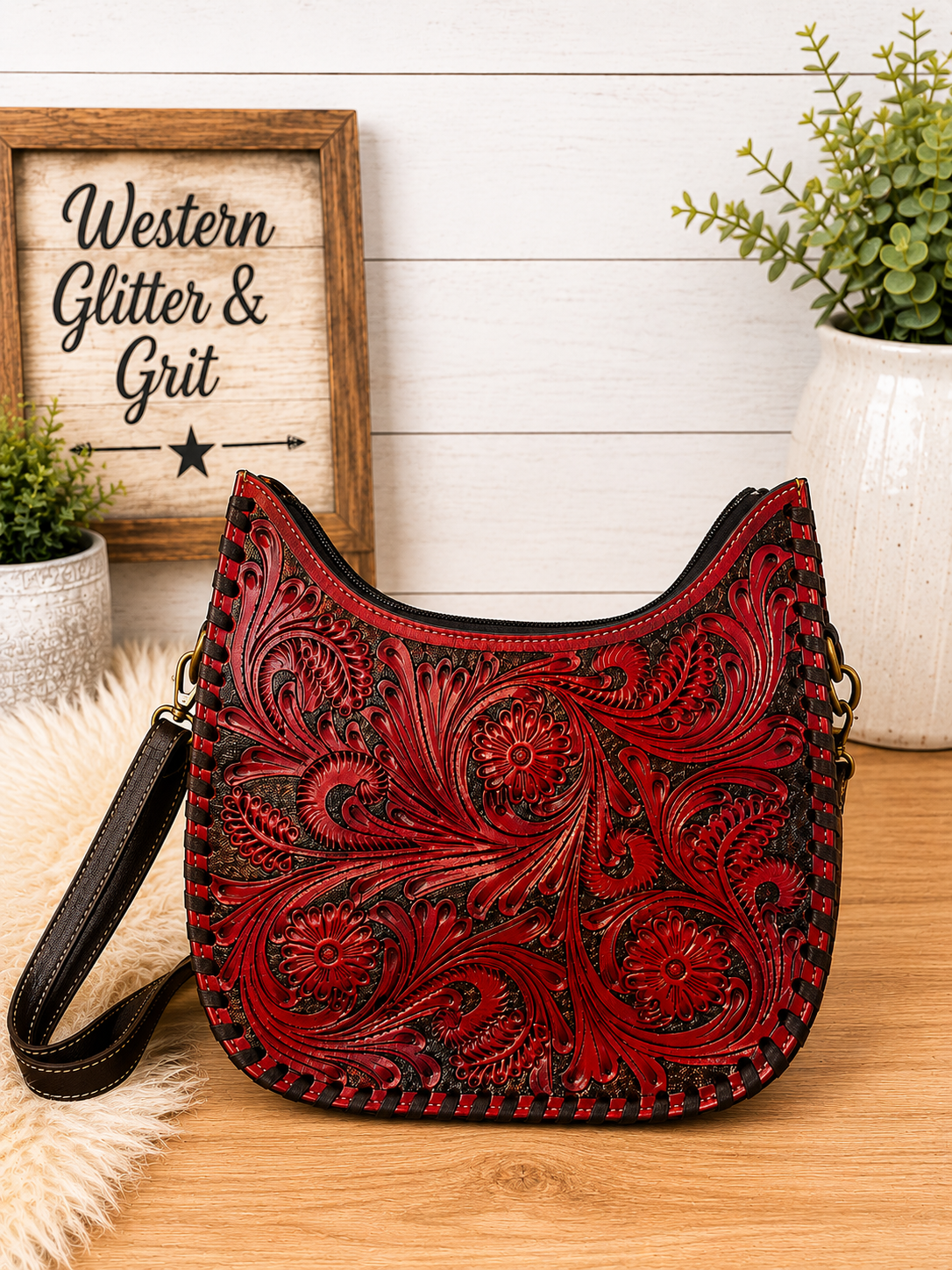 Crimson Belle hobo bag exclusively at glitter and grit