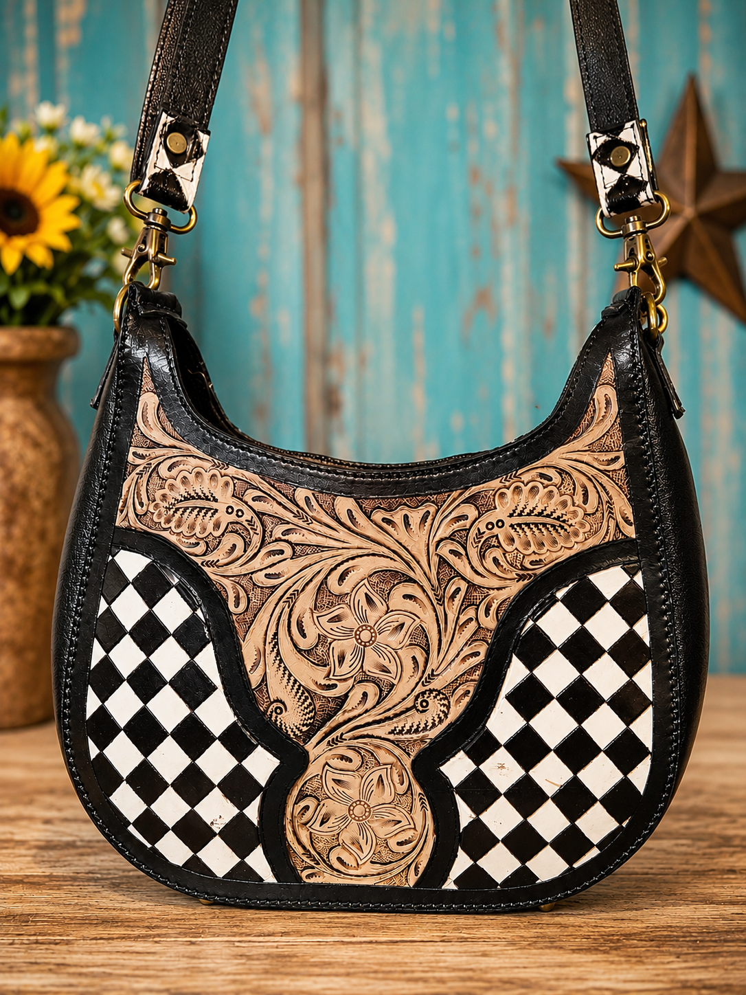 Checkered Charm hobo Crossbody tool, leather handpainted handbag
