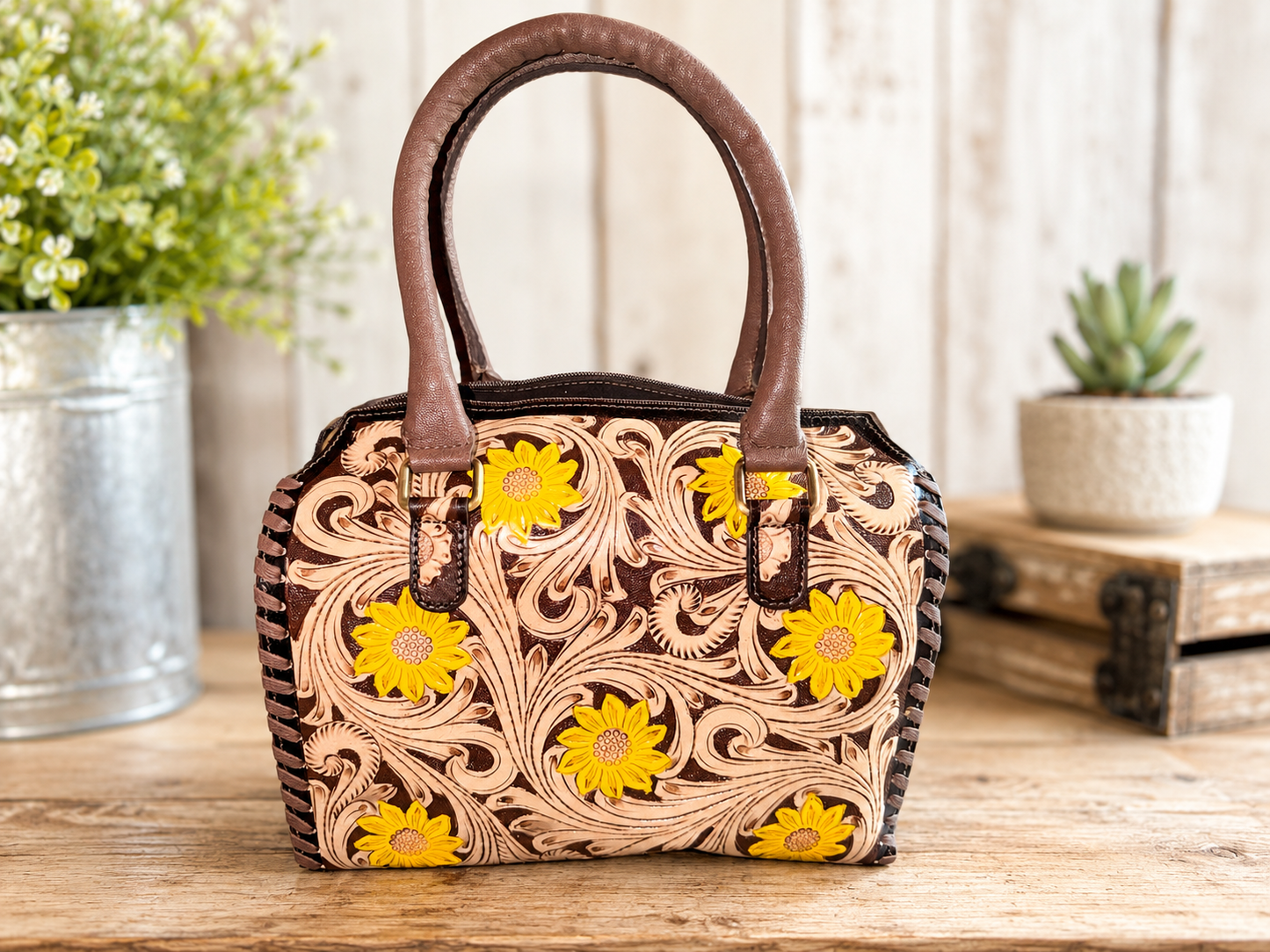 Sunflower tooled medium speedy handbag with crossbody strap!