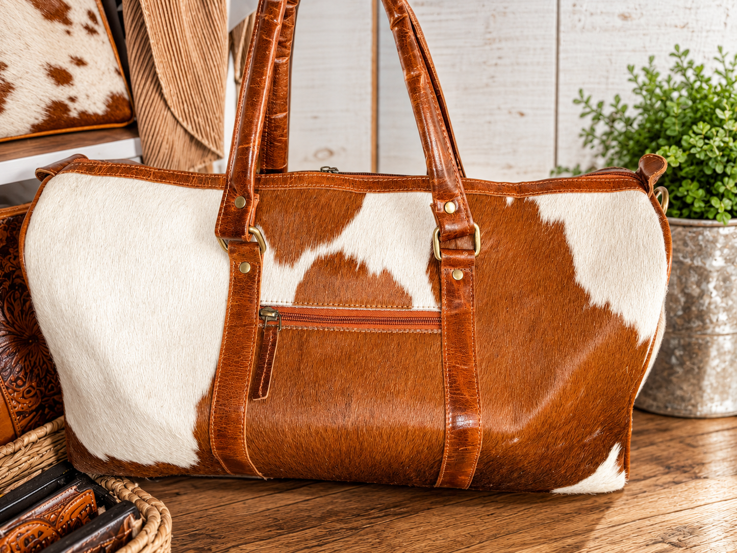 Small Cowhide duffle travel bag with crossbody strap!