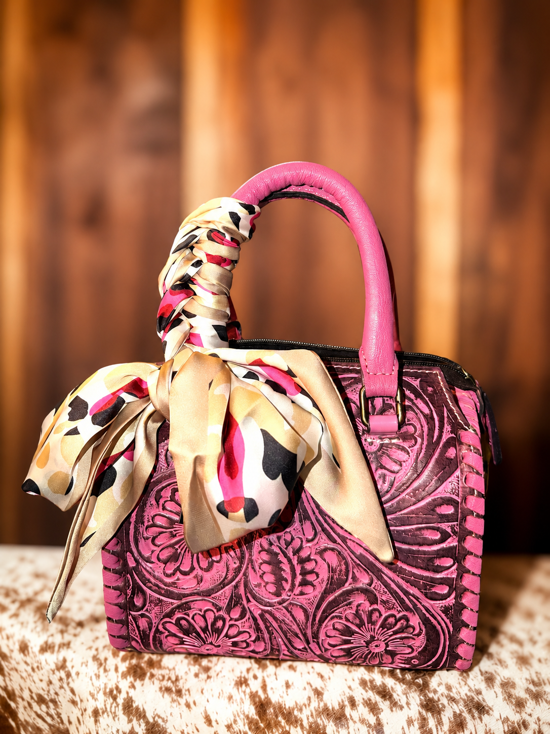 Pink Whiskey small speedy handbag with wild rag and crossbody strap!