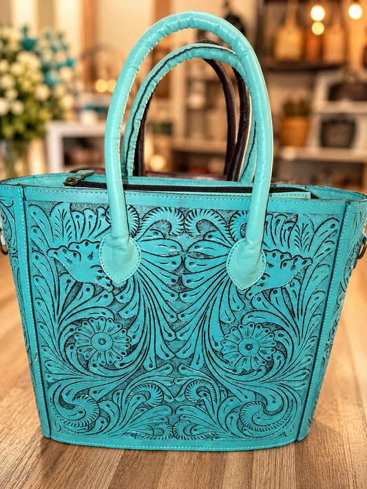 Sleeping beauty tooled leather CC tote with strap included!