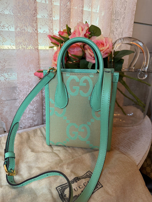 Gucci Womens Jumbo GG Canvas/Leather Mini Shoulder Tote Bag Green- New Without Tags