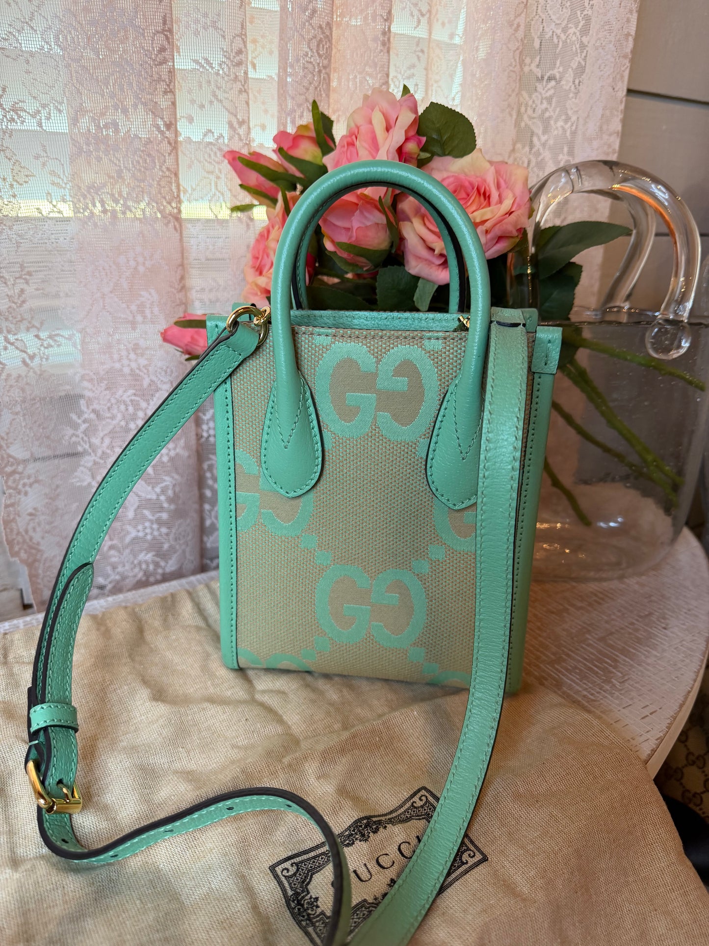 Gucci Womens Jumbo GG Canvas/Leather Mini Shoulder Tote Bag Green- New Without Tags