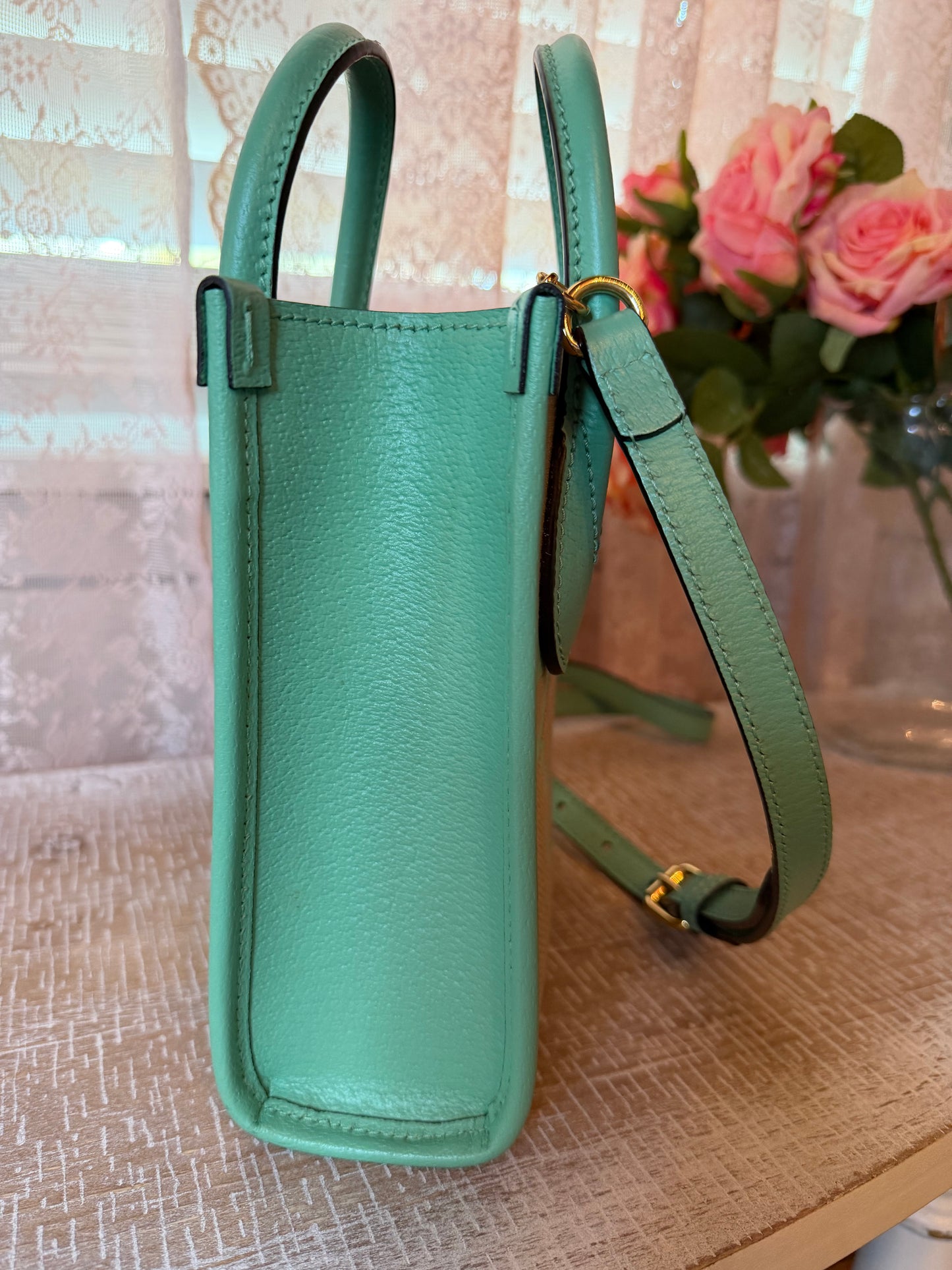 Gucci Womens Jumbo GG Canvas/Leather Mini Shoulder Tote Bag Green- New Without Tags