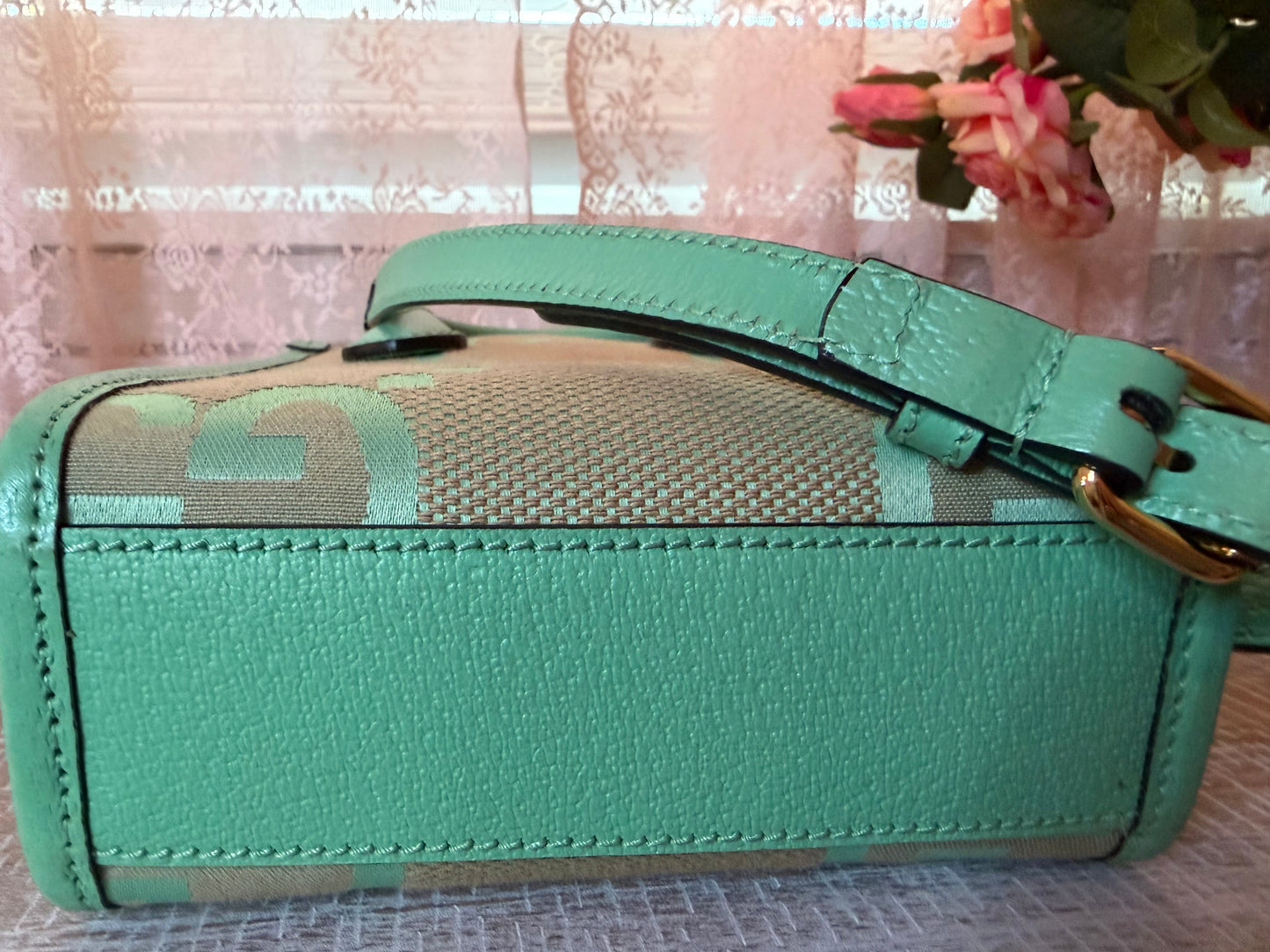 Gucci Womens Jumbo GG Canvas/Leather Mini Shoulder Tote Bag Green- New Without Tags