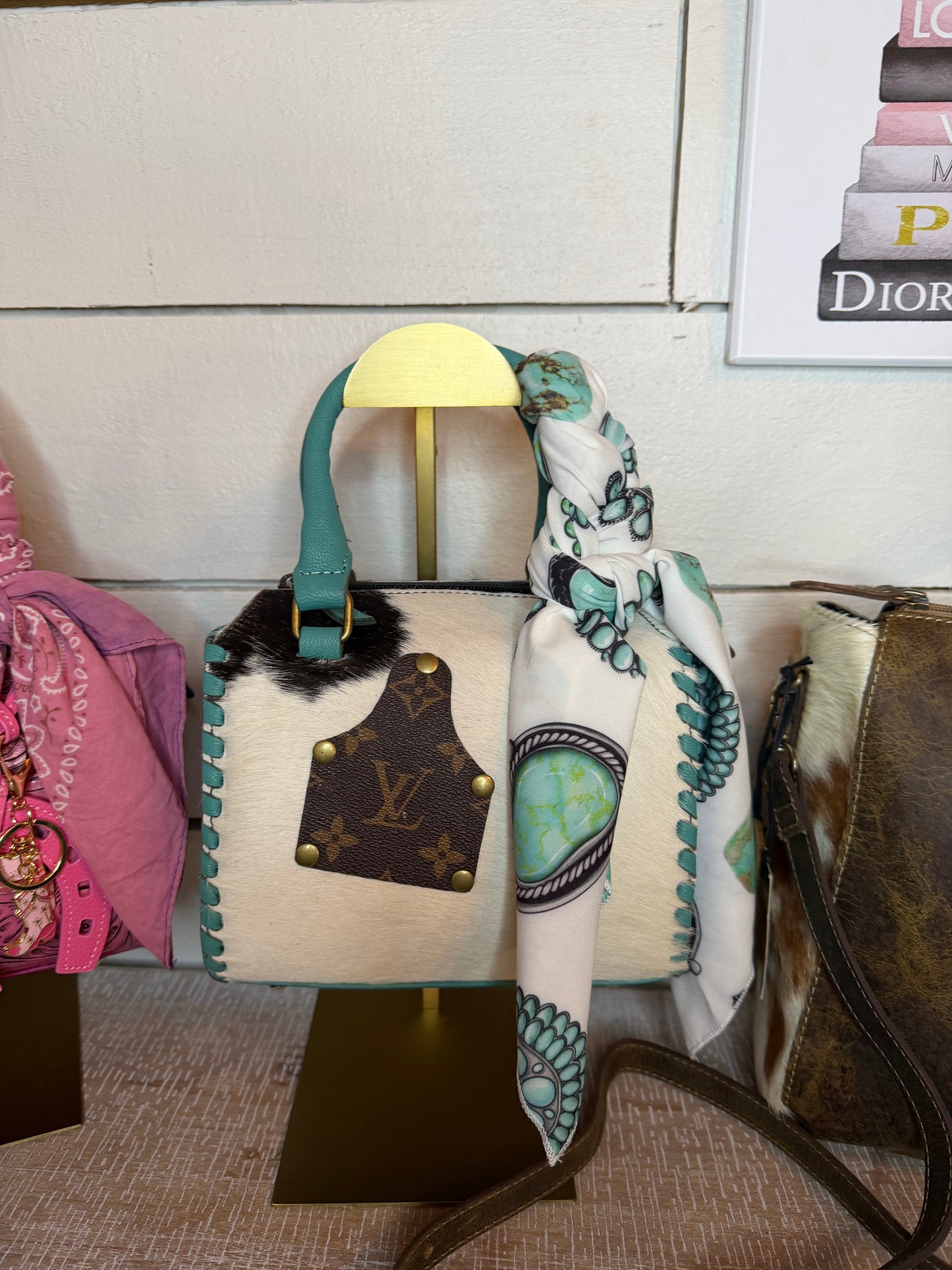 Upcycled LV Cowhide Turquoise Leather Speedy Bag Western