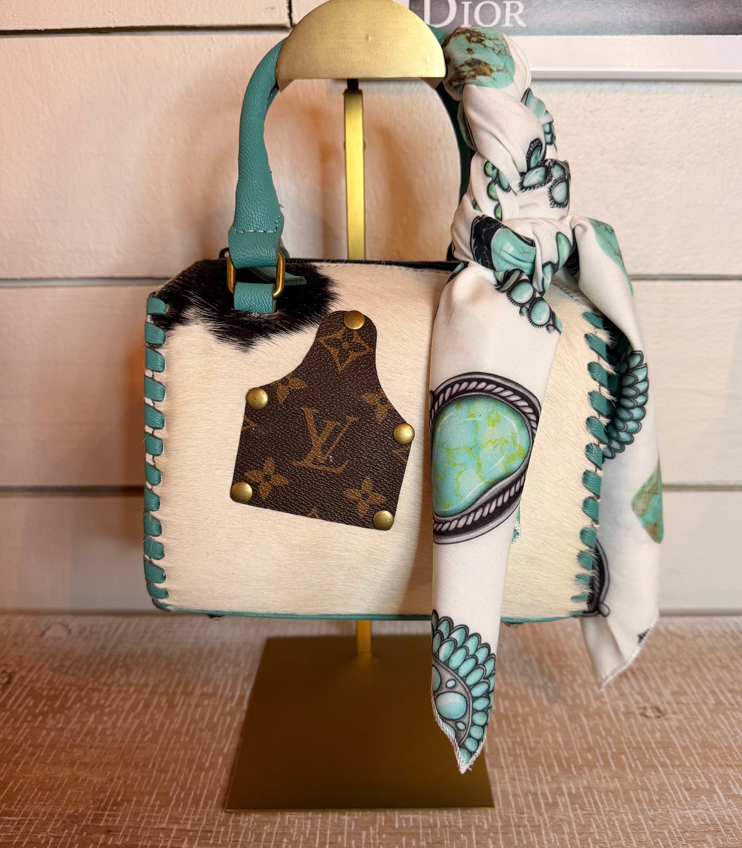 Upcycled LV Cowhide Turquoise Leather Speedy Bag Western