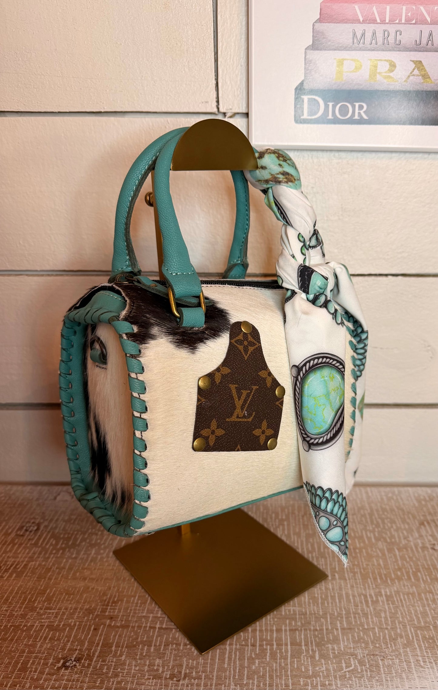 Upcycled LV Cowhide Turquoise Leather Speedy Bag Western