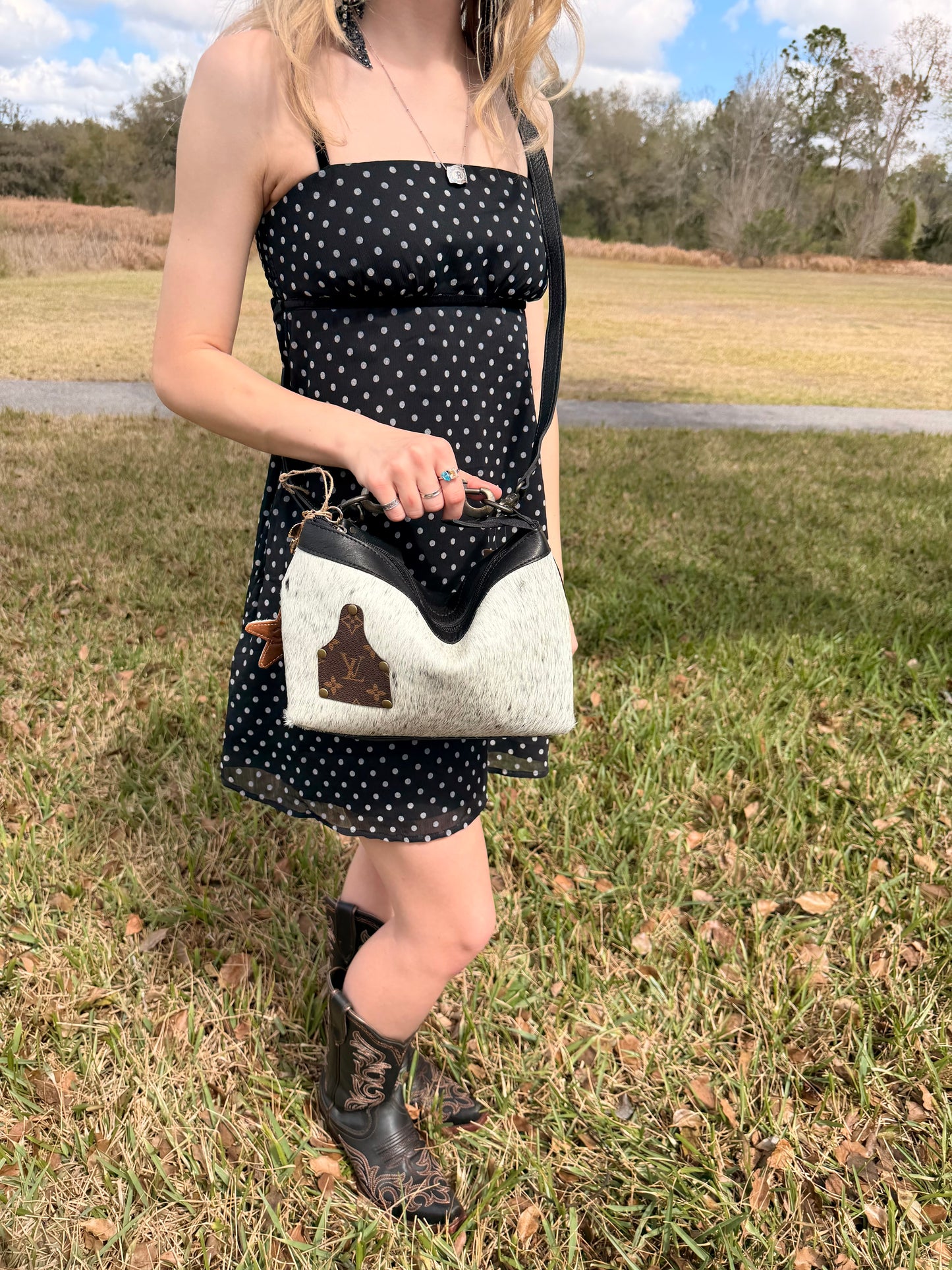 Upcycled LV Cowhide Leather Crossbody Bag Purse Western & Upcycled Key charm