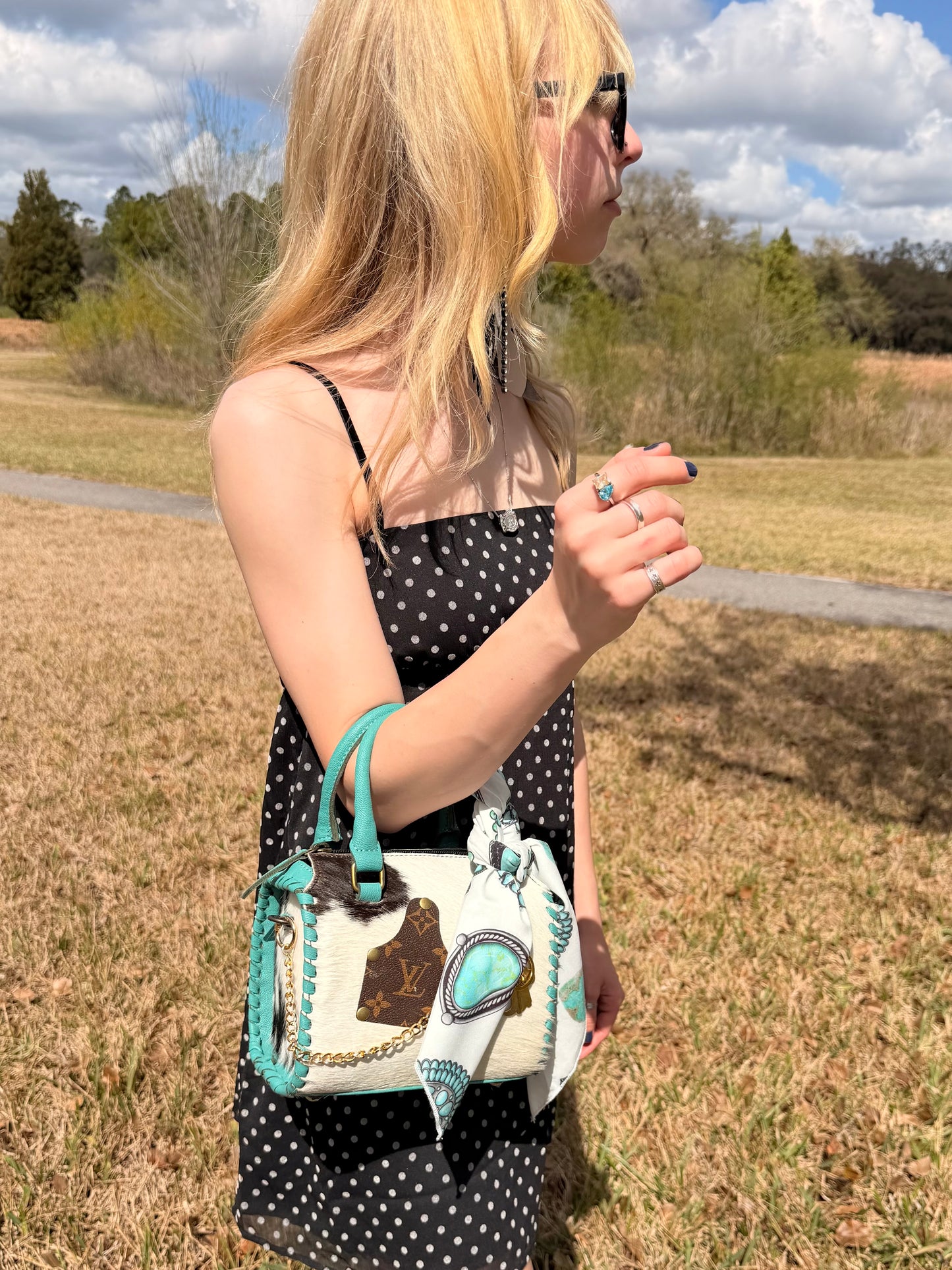 Upcycled LV Cowhide Turquoise Leather Speedy Bag Western