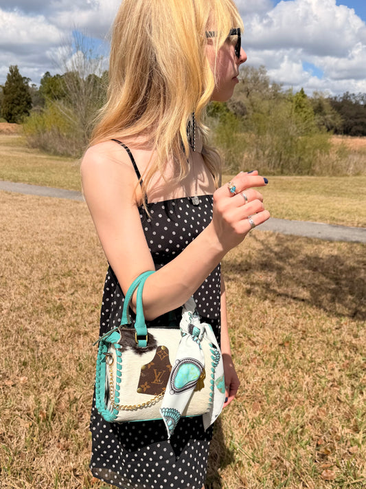 Upcycled LV Cowhide Turquoise Leather Speedy Bag Western