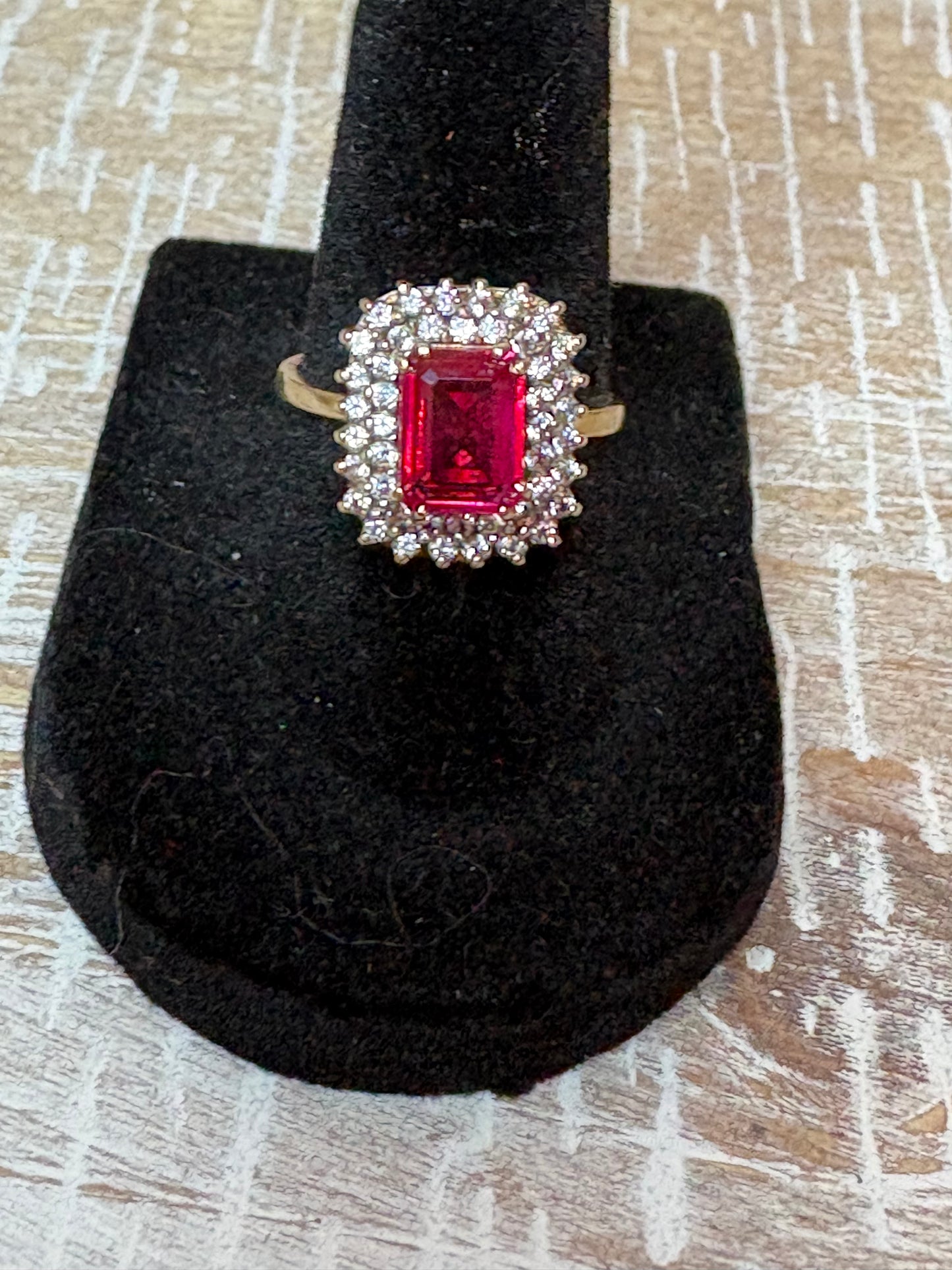 10K Yellow Gold Ruby-Colored Emerald Cut Halo Ring with Diamond Accents