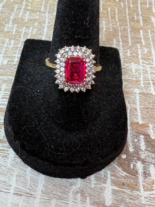 10K Yellow Gold Ruby-Colored Emerald Cut Halo Ring with Diamond Accents