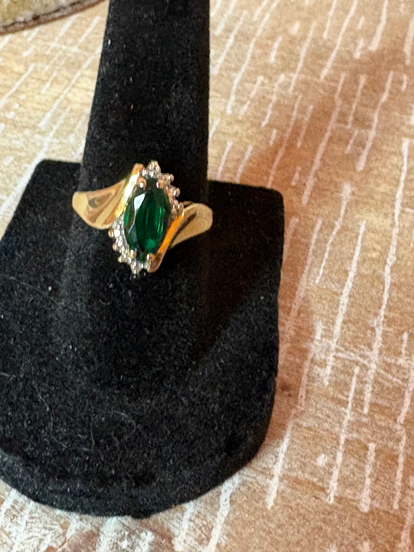 10K Yellow Gold Emerald-Colored Marquise Cut Halo Ring with Diamond Accents