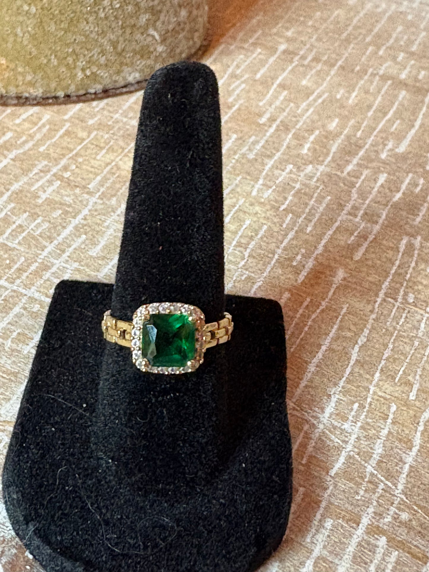 Estate-Style 10K Yellow Gold Emerald-Colored Cushion Cut Halo Ring with Diamond Accents