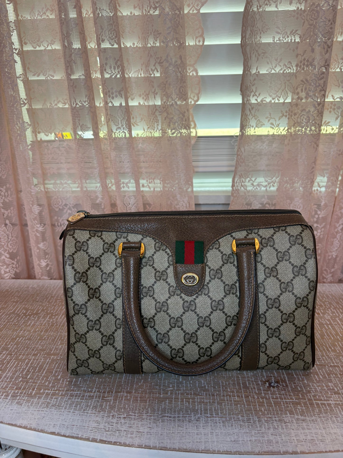 Vintage GUCCI Hand Bag Sherry Line PVC Leather Brown Boston Authentic