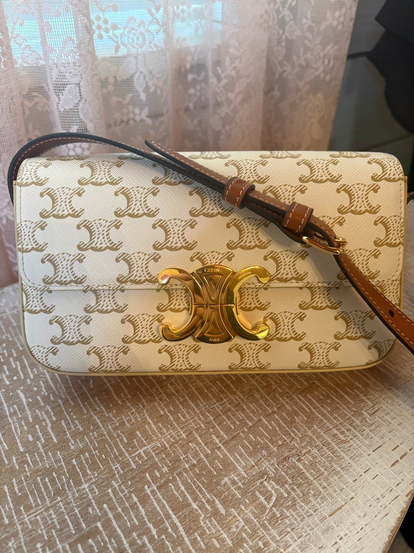 Canvas Calfskin Triomphe Shoulder Bag White