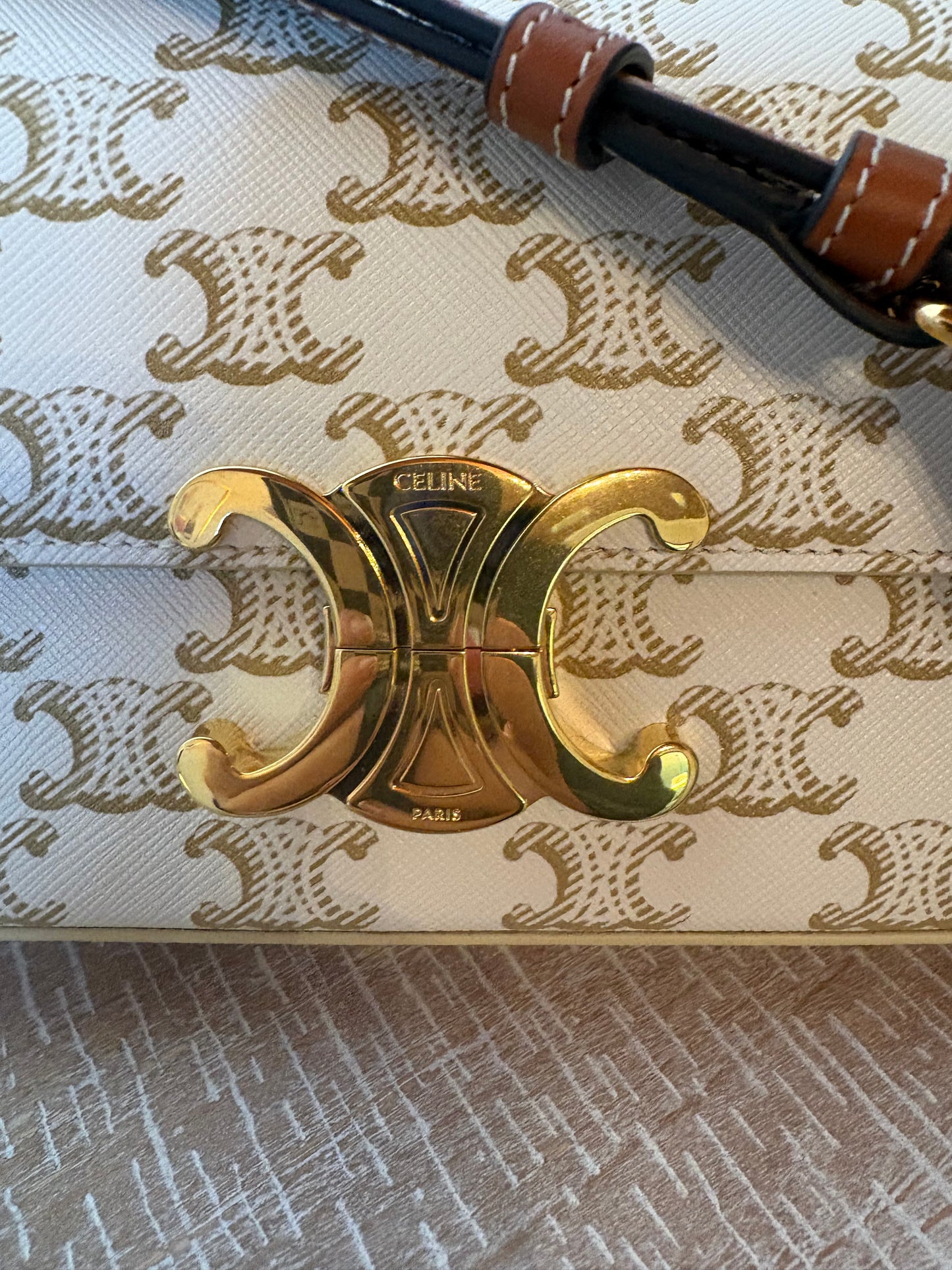 Canvas Calfskin Triomphe Shoulder Bag White