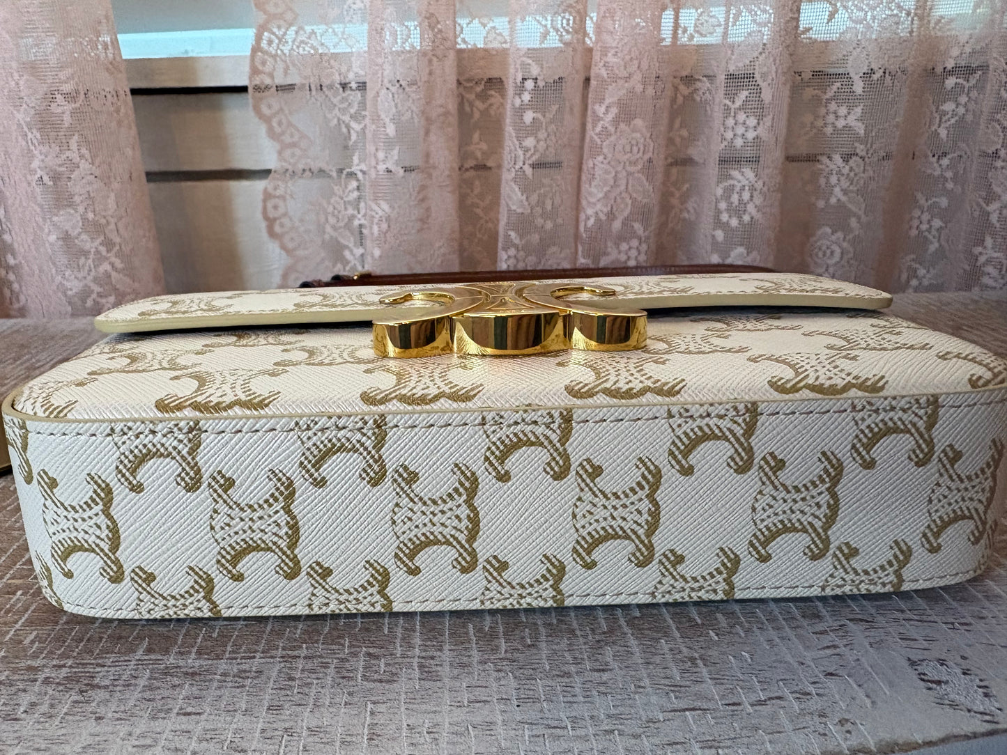 Canvas Calfskin Triomphe Shoulder Bag White