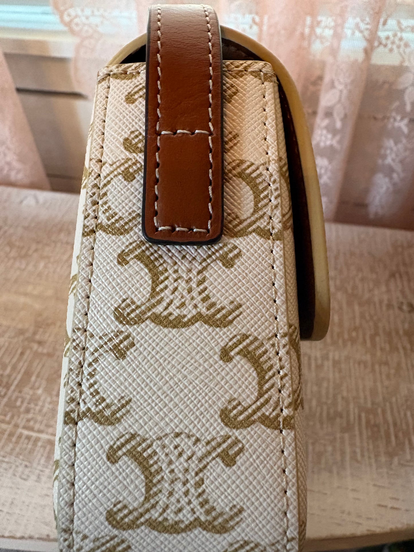 Canvas Calfskin Triomphe Shoulder Bag White