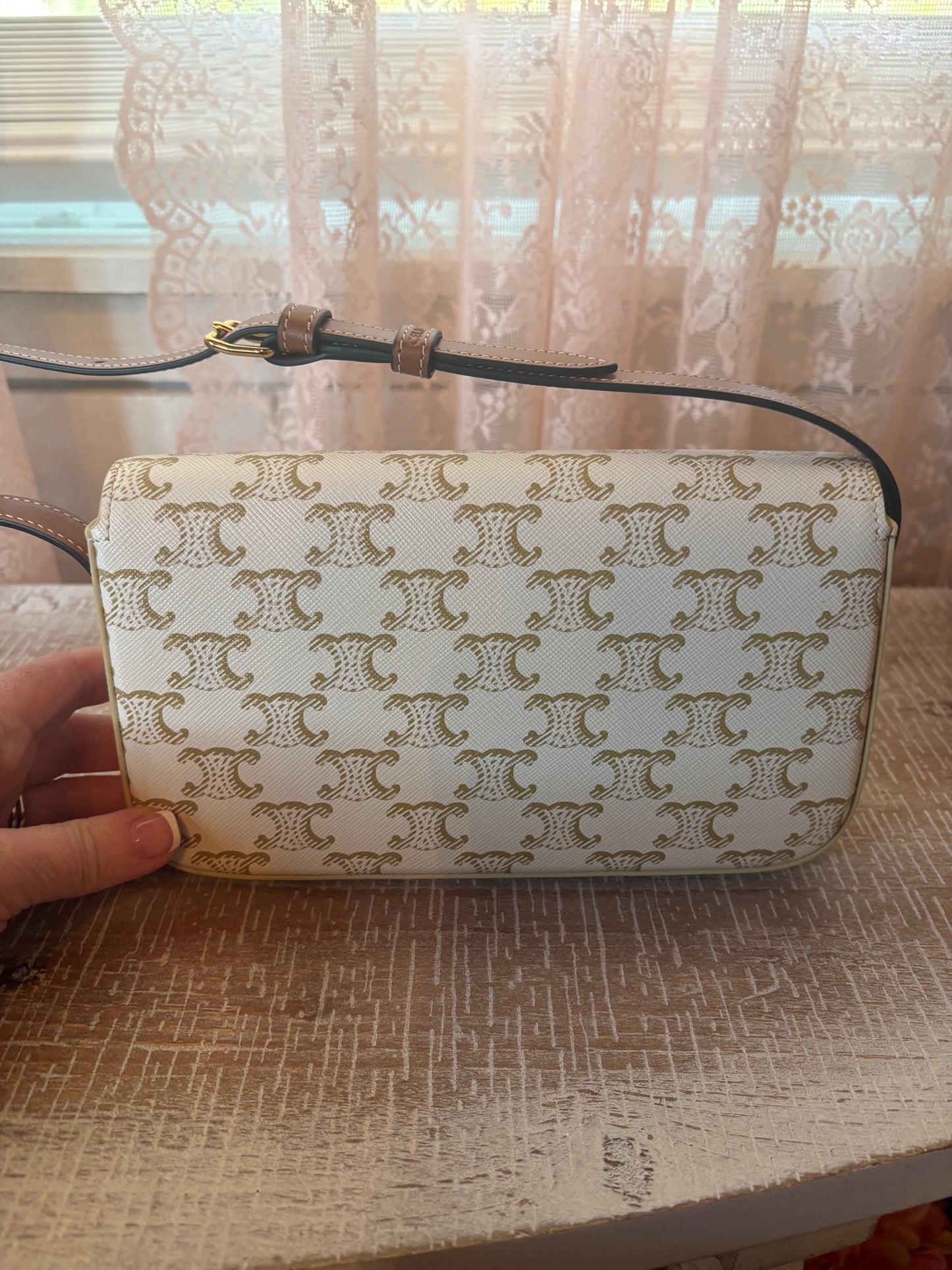 Canvas Calfskin Triomphe Shoulder Bag White