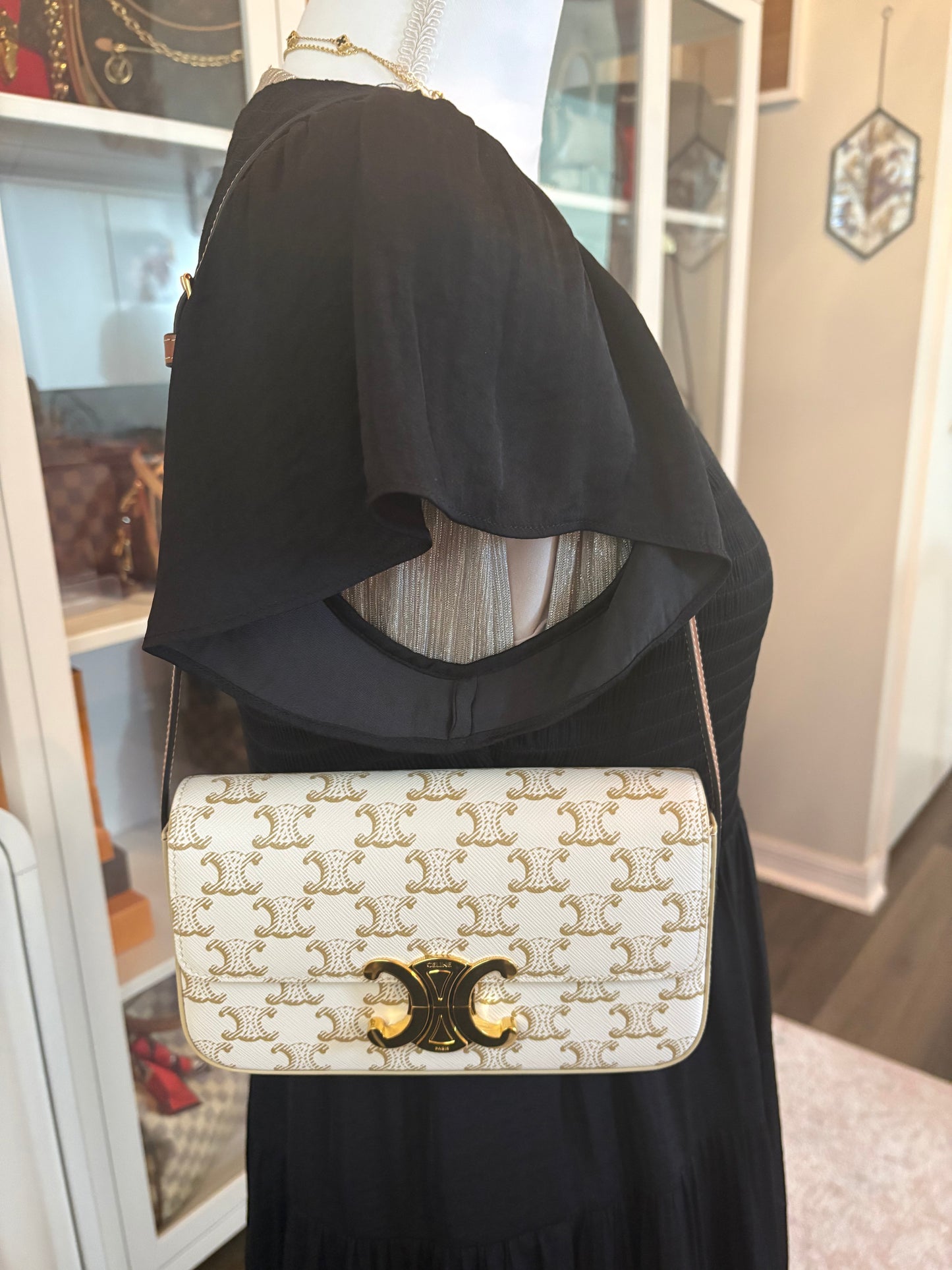 Canvas Calfskin Triomphe Shoulder Bag White